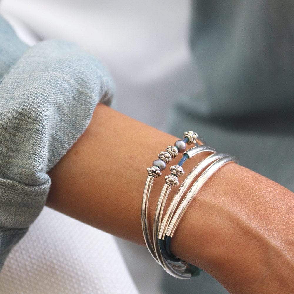 Charming Blue Leather Wrap Bracelet with Pearls &amp; Silver Crescents