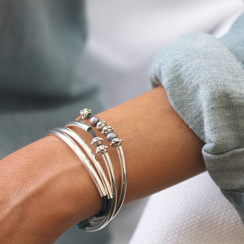 Mini Charmer Silver Bracelet Blue Leather Delicate Cross Paw Charms Black Leather