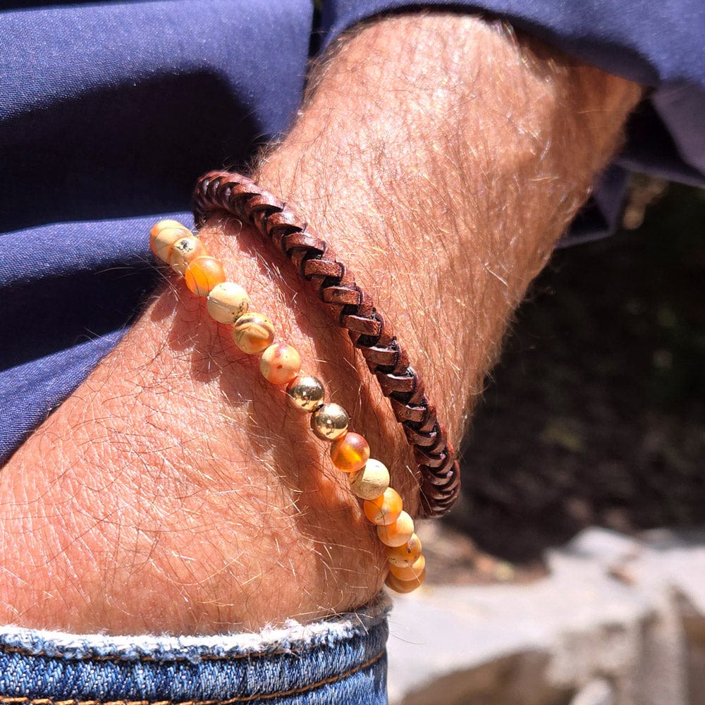 Max brown braided leather bracelet with tiger&#39;s eye and 2 14k gold filled beads
