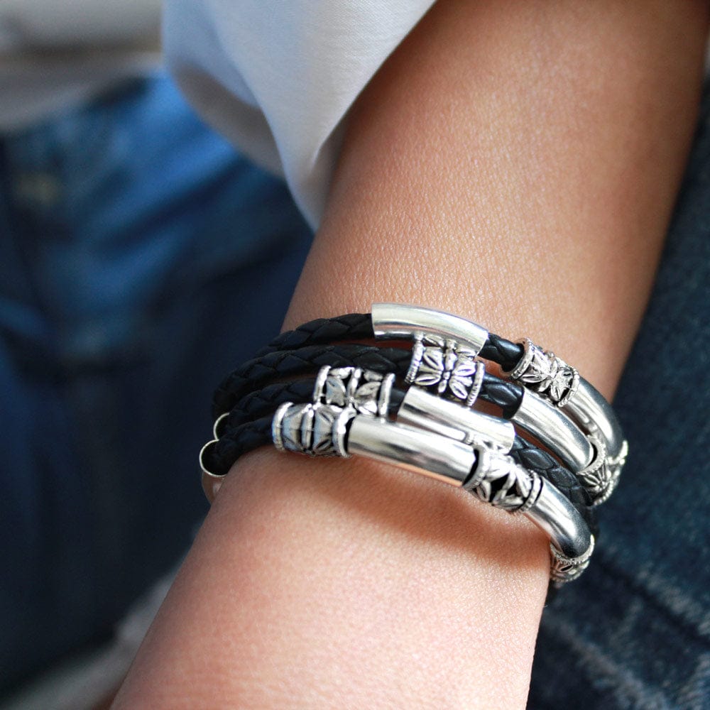  Maxi Black Leather Wrap Bracelet with Silver Crescents