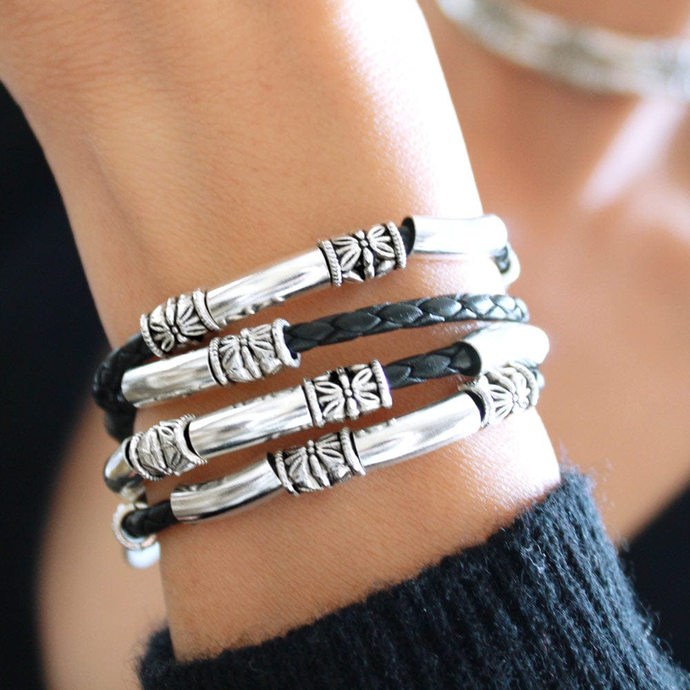 Braided Black Leather Wrap Bracelet w Silver Beads