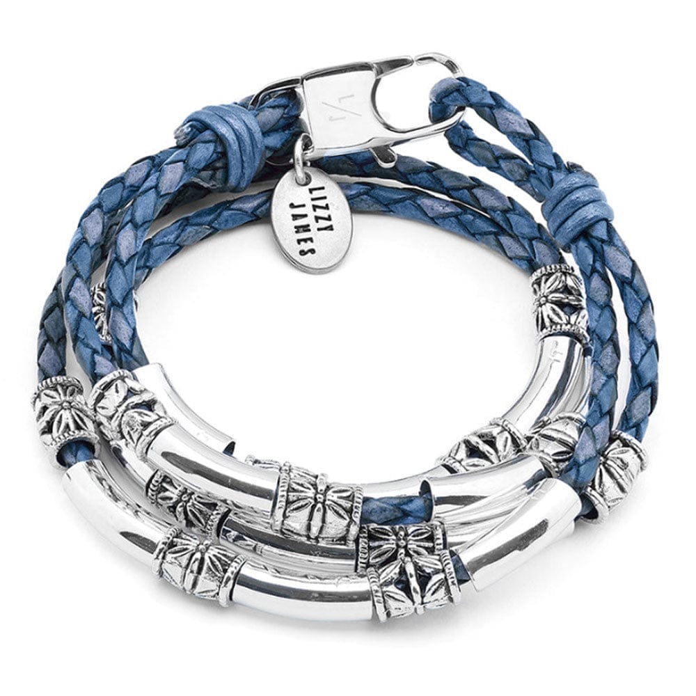 Blue braided leather bracelet with silver metal accents and a tag on a white background