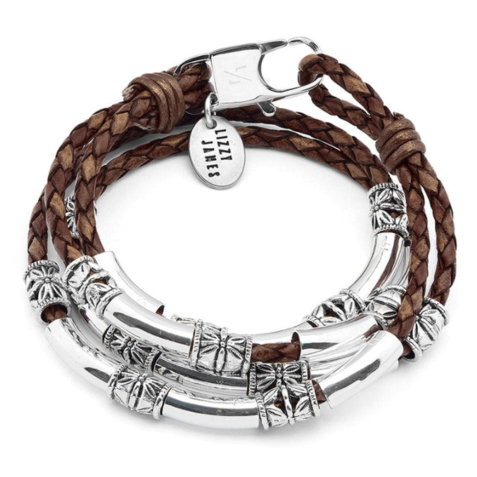 Brown braided leather bracelet with silver metal bands and a visible brand tag on a white background