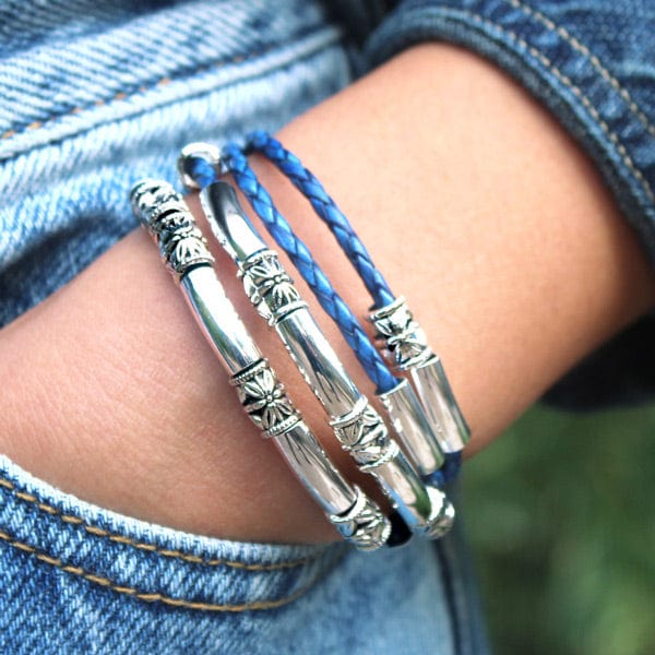 Maxi silver wrap bracelet with true blue leather