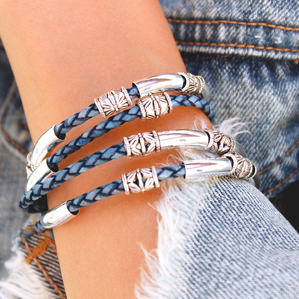 Blue Leather Wrap Bracelet w Silver Beads1