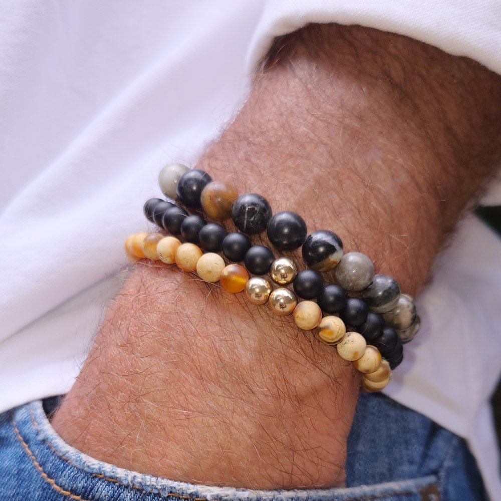 Men&#39;s gemstone bracelets with black onyx, tiger&#39;s eye, and 14k gold beads
