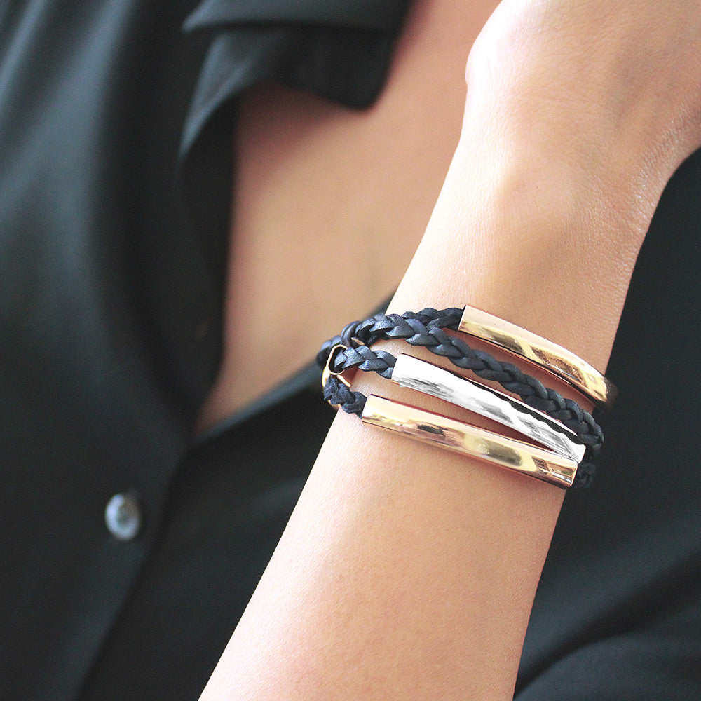 Addison Natural Black Leather Wrap Bracelet with Silver and Gold Crescents