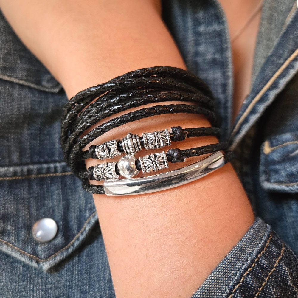 Naomi Braided Black Leather Wrap Bracelet with Silver Crescent &amp; Beads