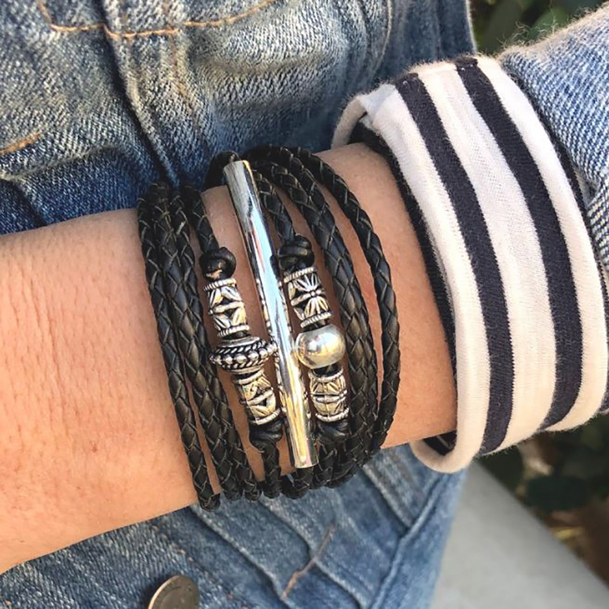 Black Leather Wrap Bracelet-Necklace w Silver Beads