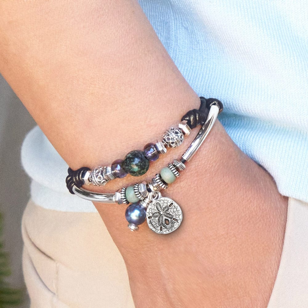 Palm Springs Silver and Leather Adjustable Bracelet with Pearl Dangler and Sand Dollar Charm