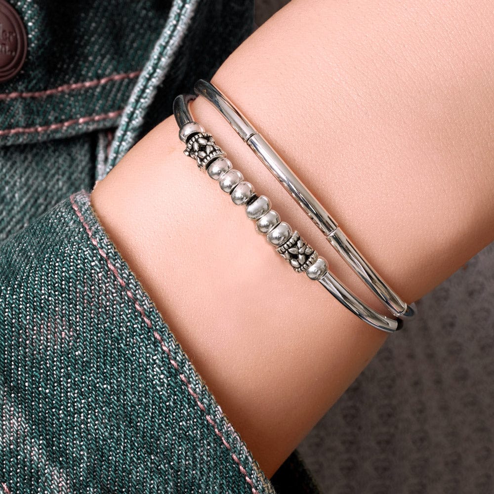 Pancake Silver &amp; Black Leather Adjustable Bracelet
