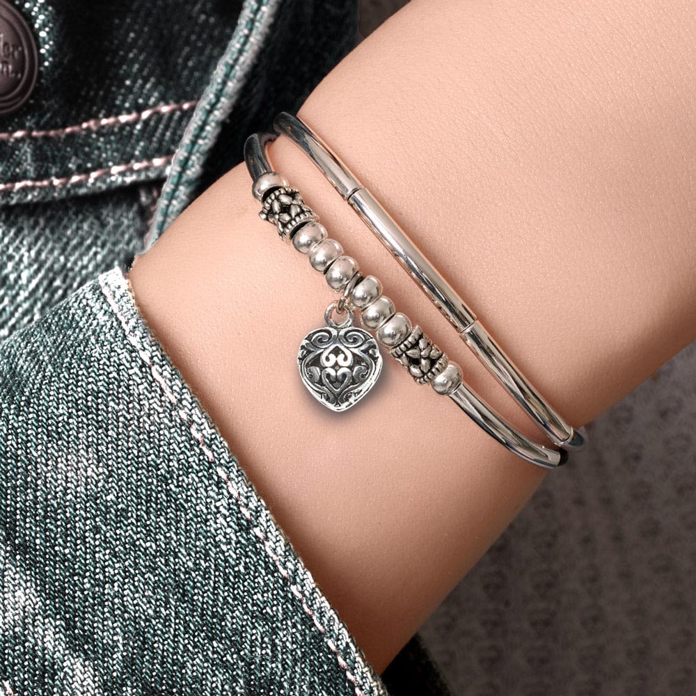  Pancake Silver &amp; Black Leather Adjustable Bracelet with Silver Puffed Heart Charm