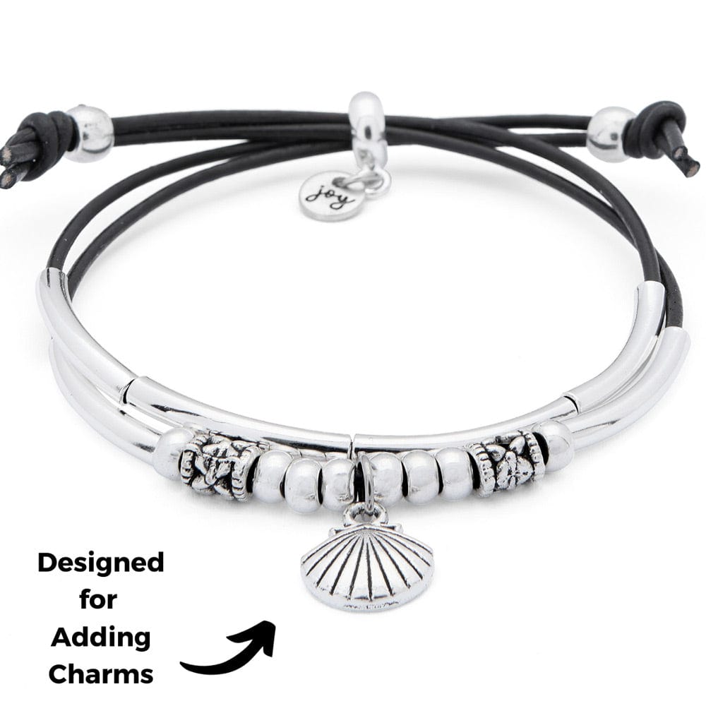 Pancake Silver &amp; Leather Adjustable Bracelet with Shell Charm