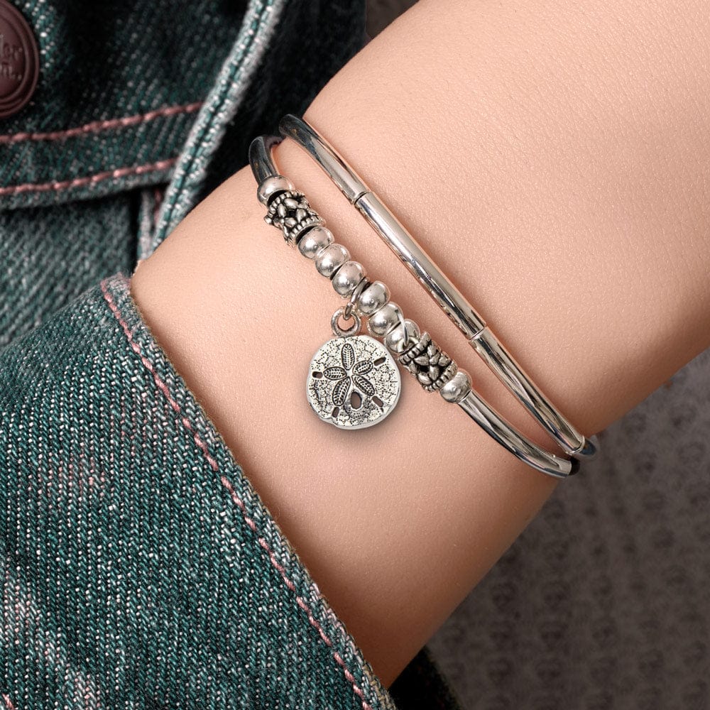 Pancake Silver &amp; Leather Bracelet with Sand Dollar Silver Charm