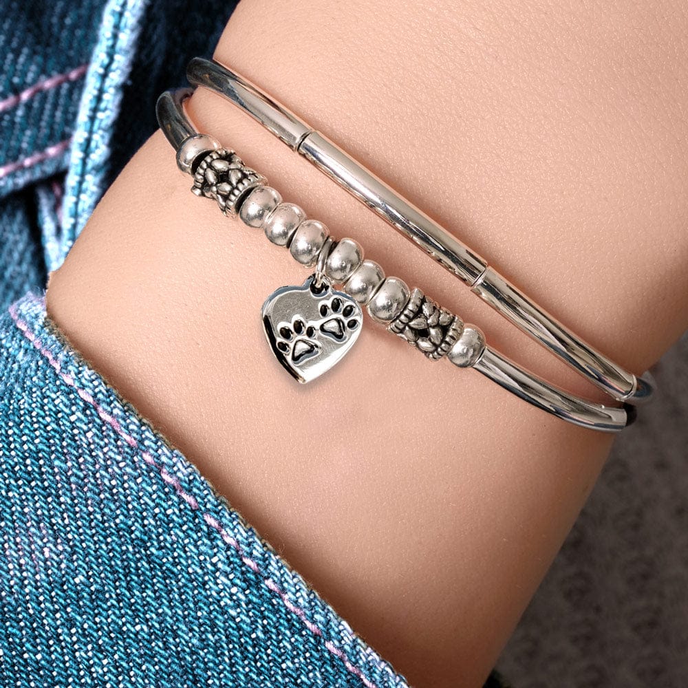 Pancake Silver &amp; Leather Bracelet with Stainless Steel Paw Print Charm