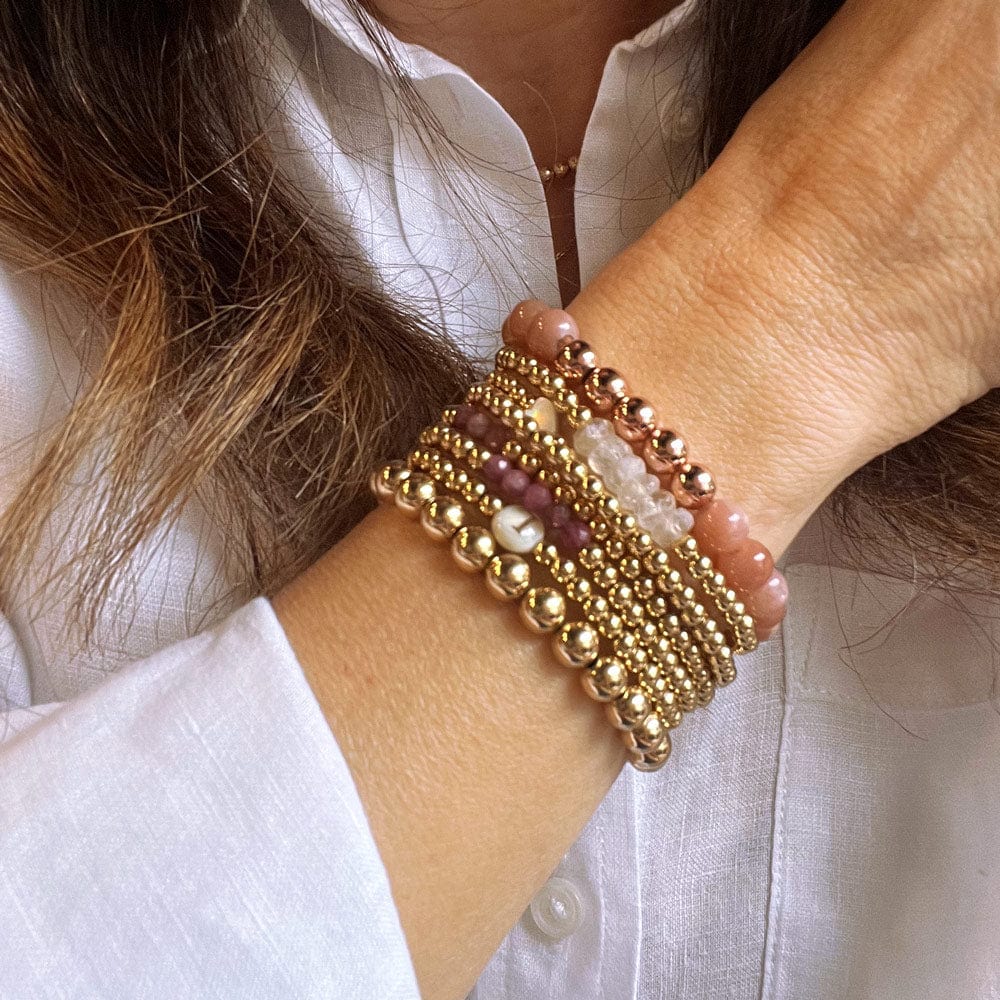 7mm and 8mm Pink Sandstone Bracelet with Rose Gold Stretch Bracelet