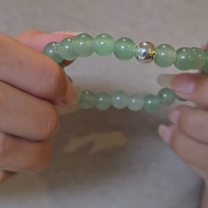Green Aventurine Beaded Stretch Bracelet w Sterling Silver Bead