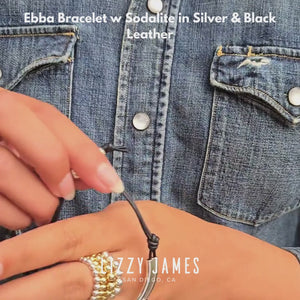 Ebba w Sodalite Adjustable Black Leather & Silver Bracelet shown w Silver Crystal Cross charm