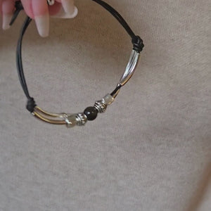 Sofi Adjustable Black Leather Bracelet with Silver Plated Crescents & Gold Obsidian Focal video