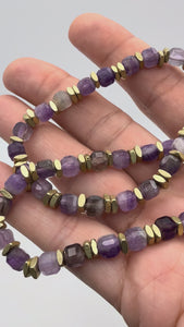 Natural purple 5mm cube amethyst necklace for women with satin-finish gold square accent beads, perfect for layering with gold chains.