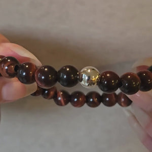 Red Tiger's Eye Beaded Stretch Bracelet w Sterling Silver Bead video