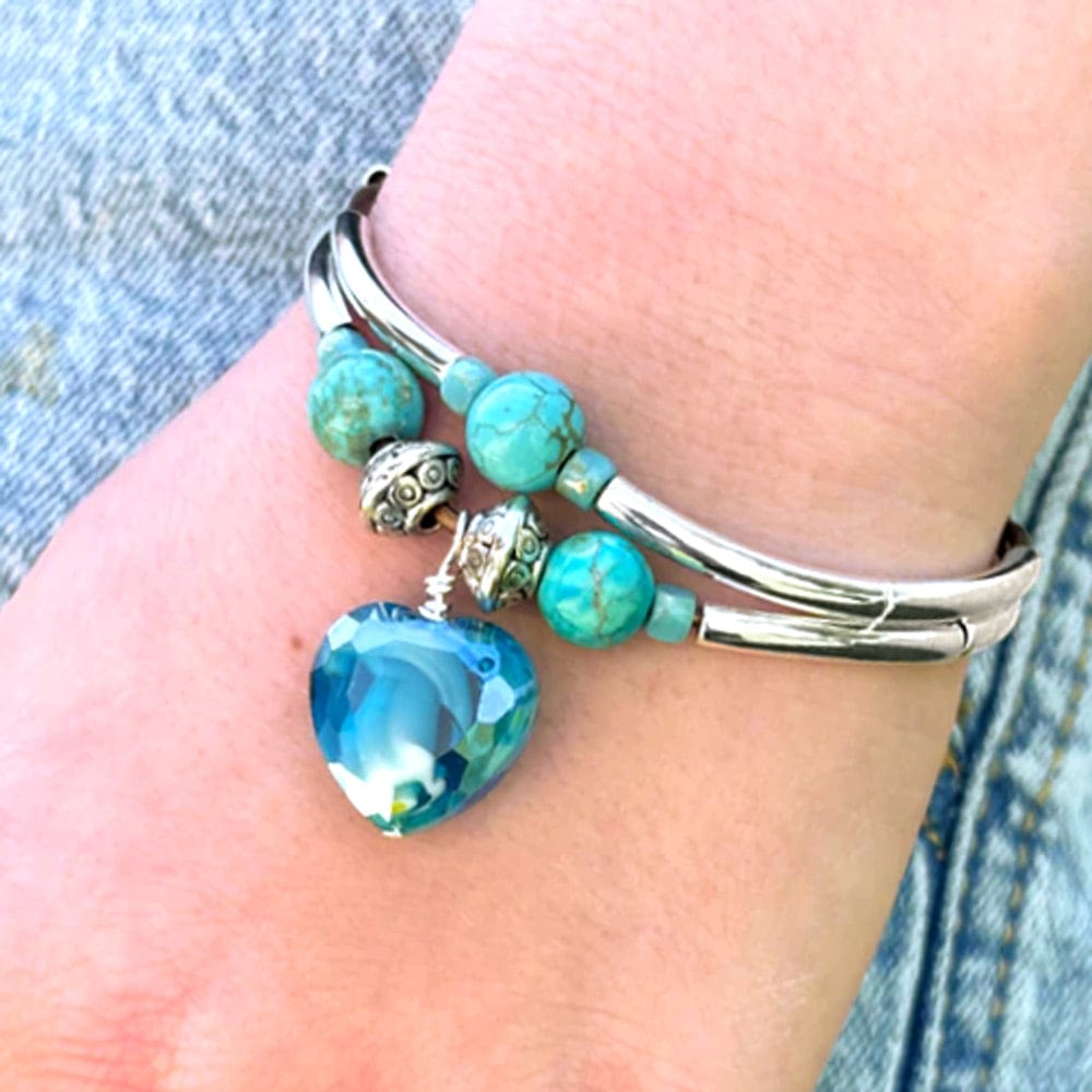 Rarity Silver &amp; Leather Bracelet with Blue Heart Charm