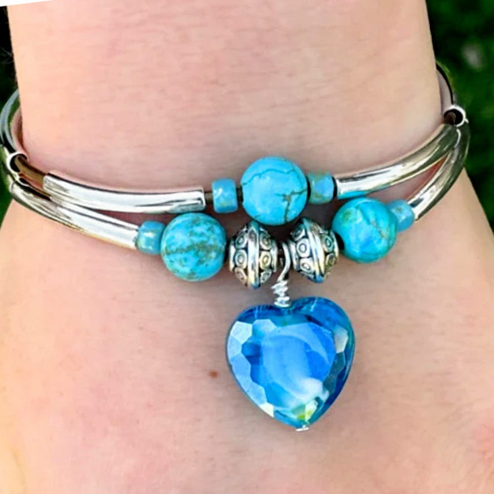 Rarity Silver &amp; Leather Bracelet with Blue Heart Glass Charm