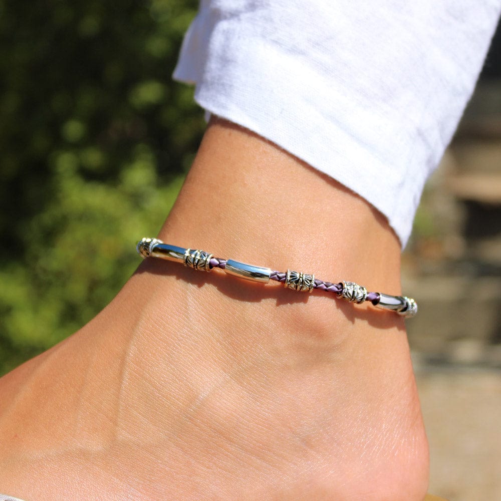 Rayette silver and metallic grape purple braided leather anklet