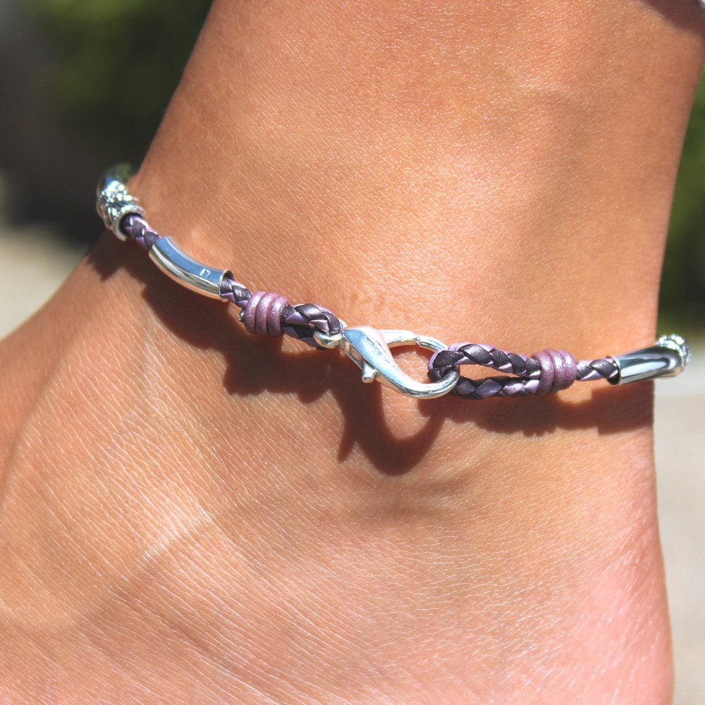 Purple Leather Anklet w Silver Crescents Beads