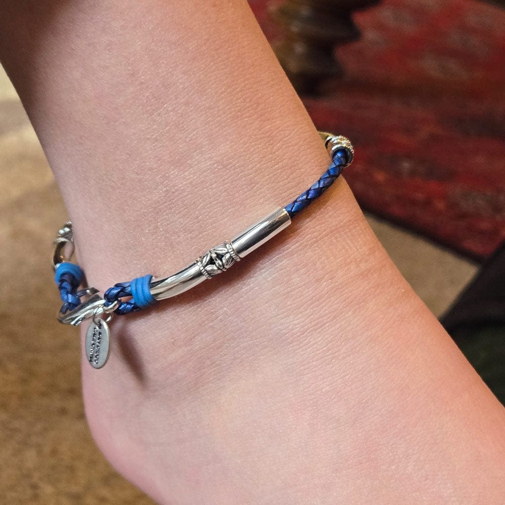Rayette Braided Blue Leather &amp; Silver Crescent Anklet