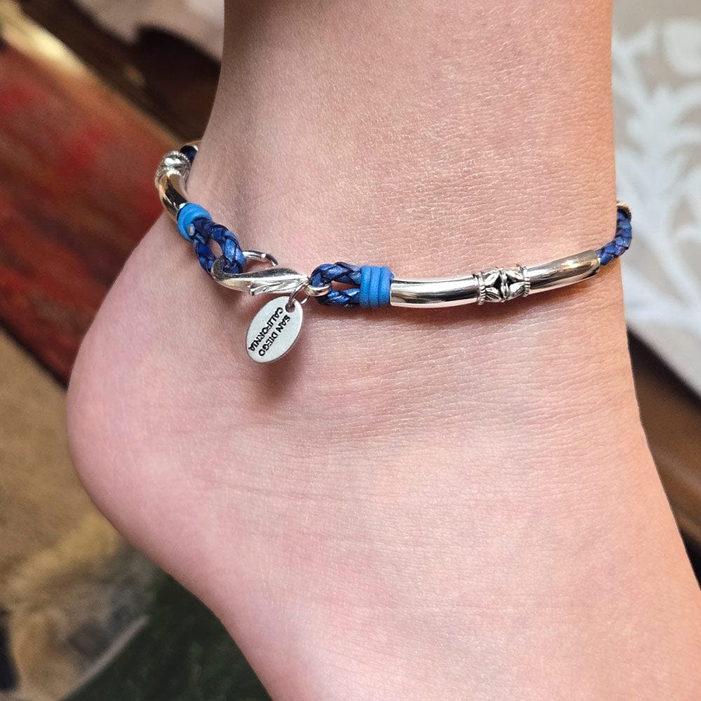Rayette Braided Blue Leather &amp; Silver Crescent Anklet