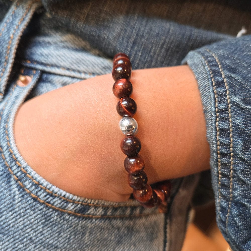 Red Tiger&#39;s Eye Beaded Stretch Bracelet w Sterling Silver Bead