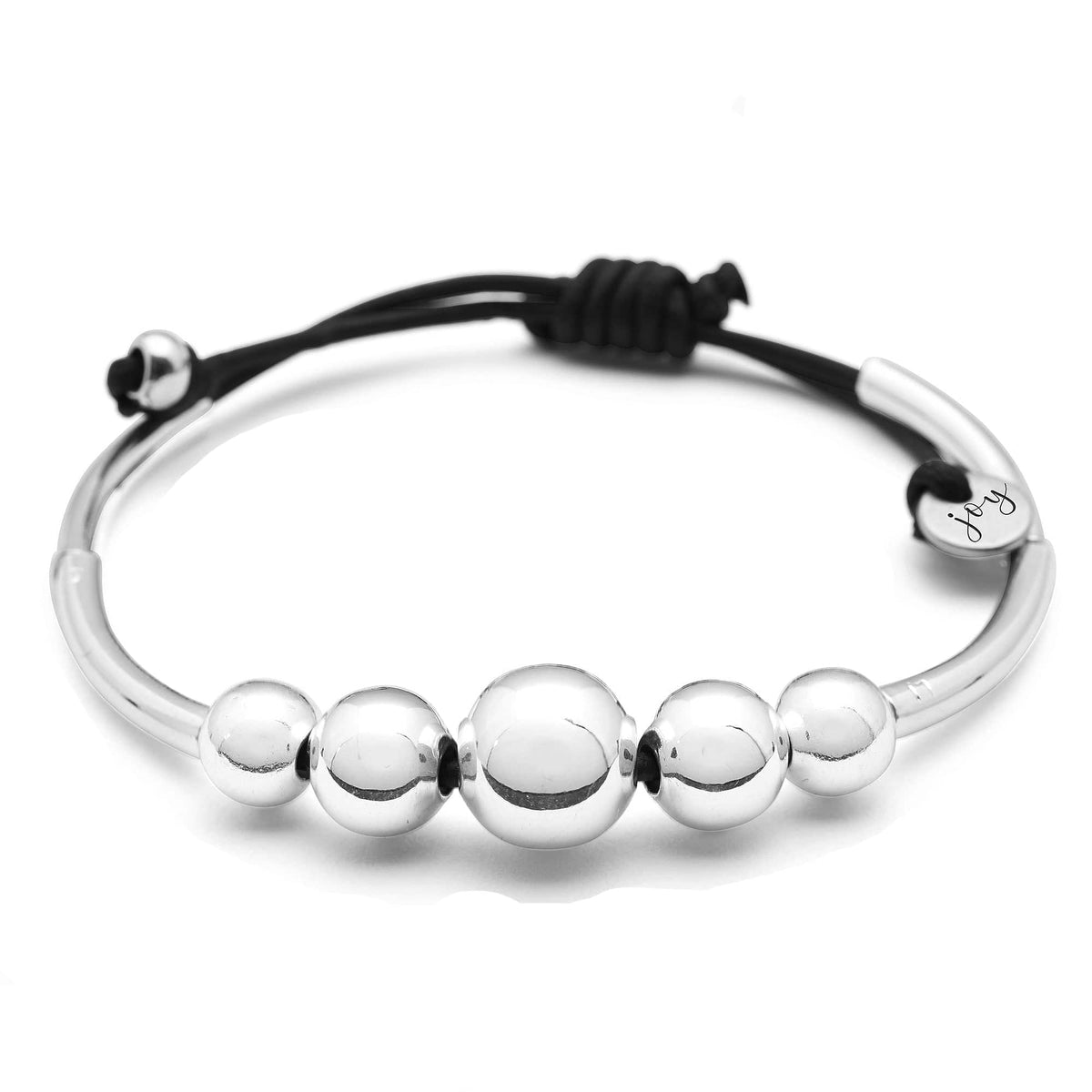 Wisdom Adjustable Black Leather Bracelet with Silver Plate Beads & Crescents