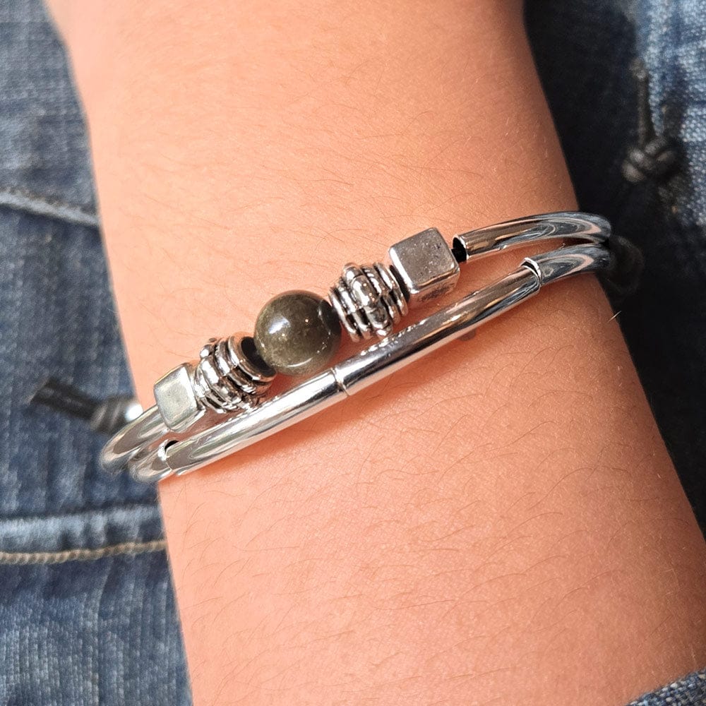 Sofi Adjustable Black Leather Bracelet with Silver Plated Crescents &amp; Gold Obsidian Focal