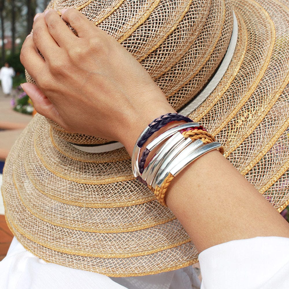 Stacked Colored Leather Mini Addison Silver Natural Brown Grey Vintage Yellow Leather Wrap Bracelets