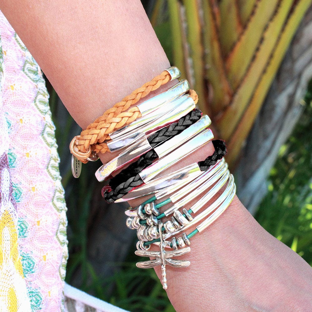 Stacked Mini Addison Silverplate with Dragonfly Wrap Bracelets Colored Leather