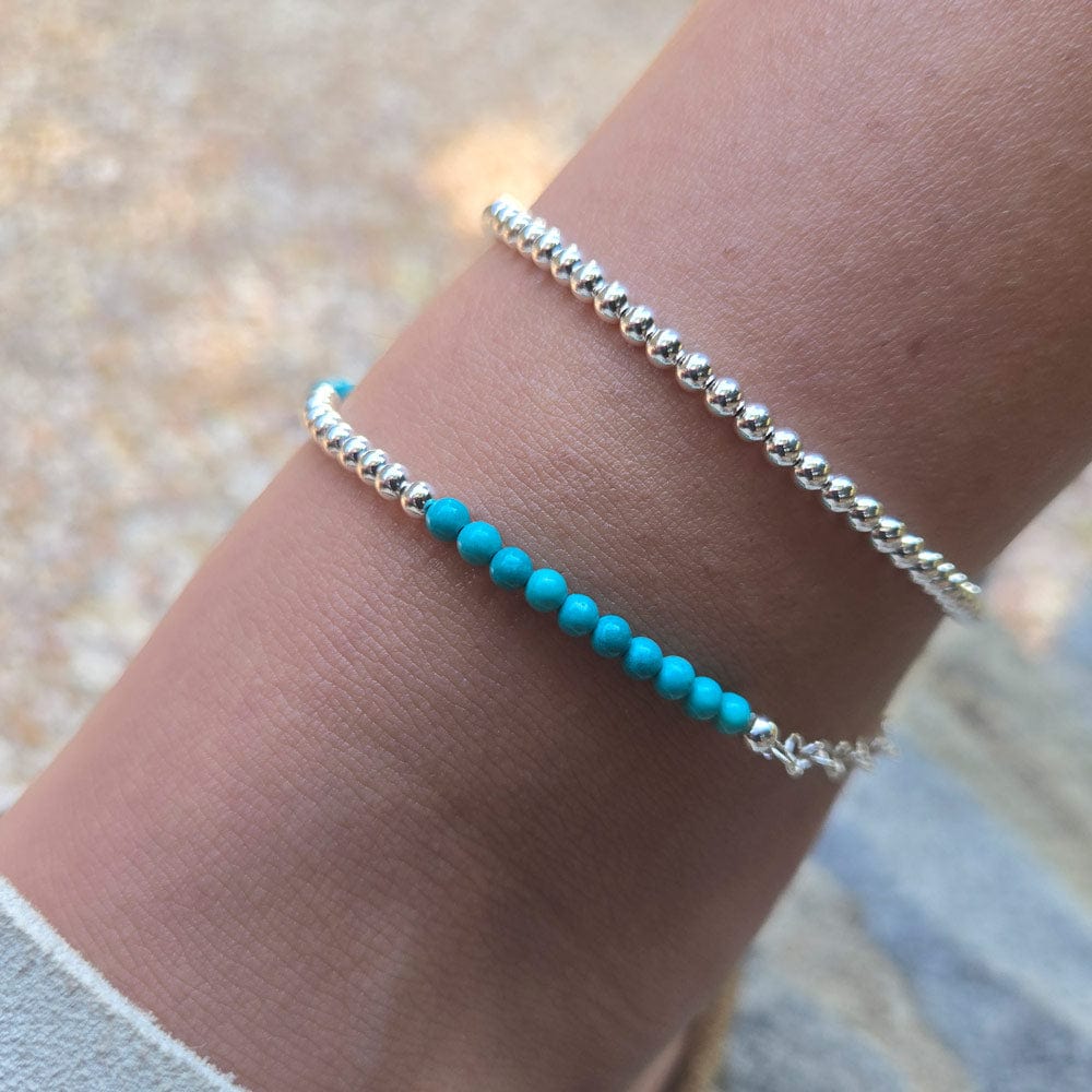 Stacked Sterling Silver and Turquoise 2mm Bead Anklet Set with Extender