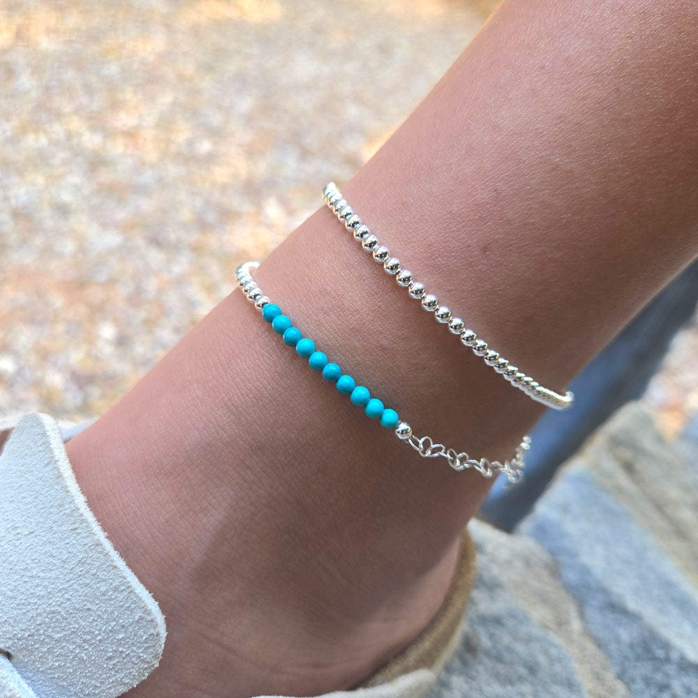 Stacked Sterling Silver and Turquoise 2mm Bead Anklets Set