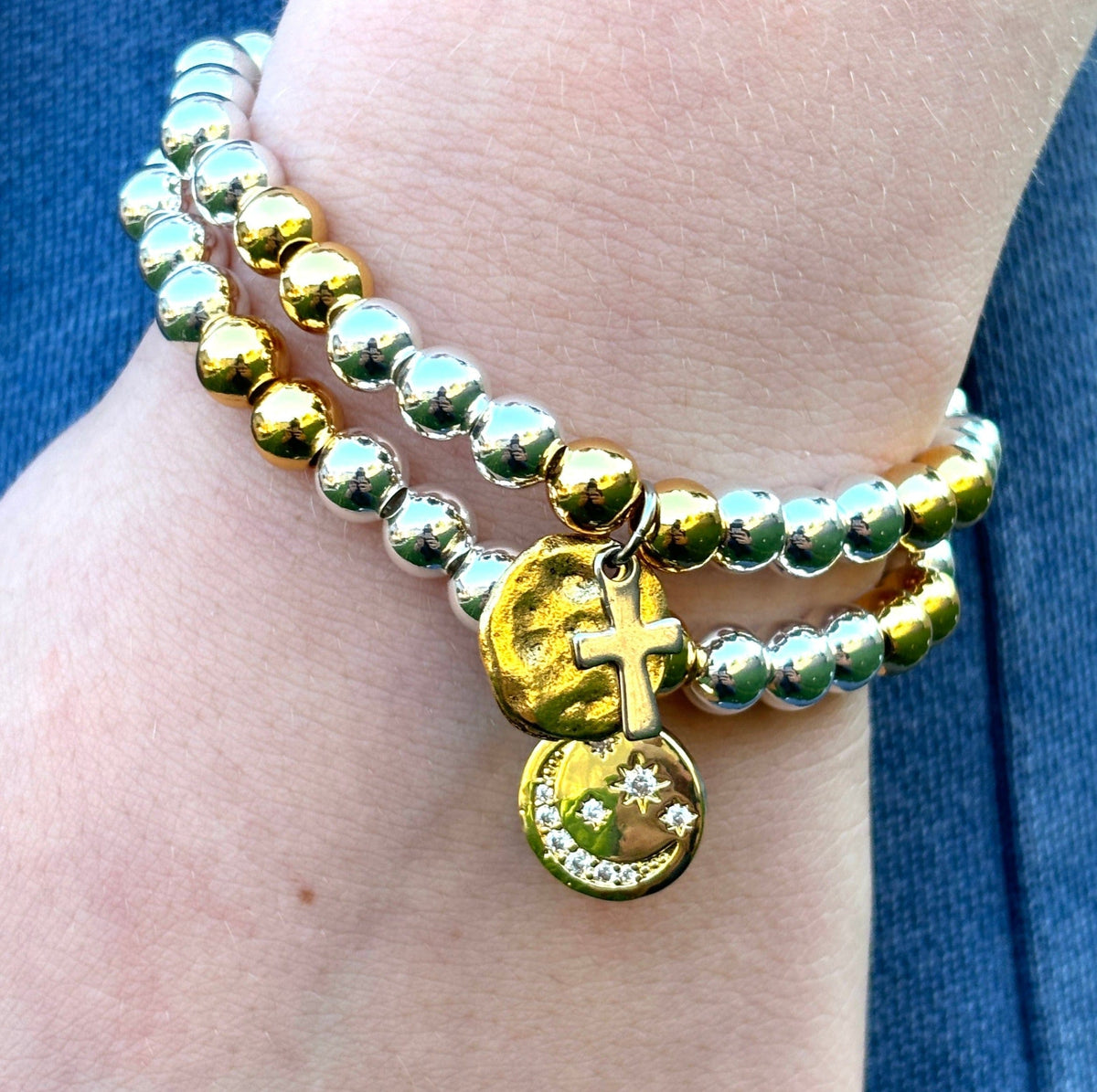 Stacked Gold Zenzies Beaded Stretch Bracelet 