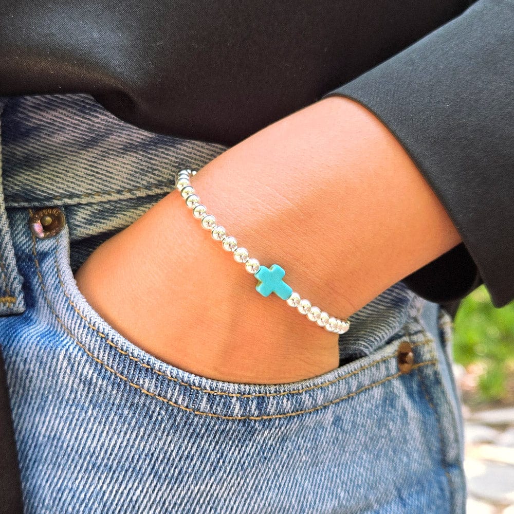 Sterling Silver 4mm Bead Bracelet with Turquoise Cross Charm