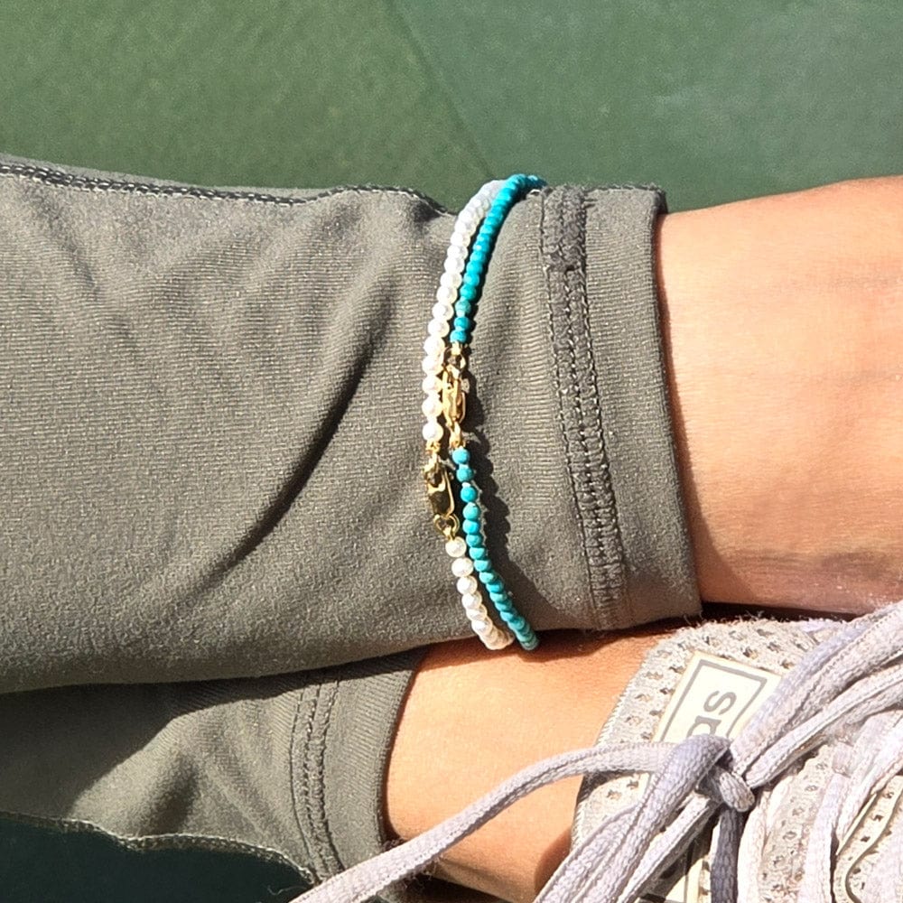 turquoise anklet and pearl anklet with 2mm gold beads stacked clasps