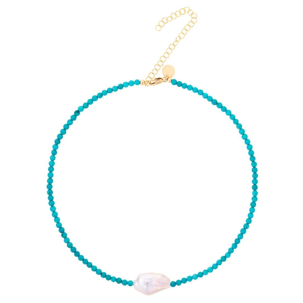 Turquoise Bead Necklace with Freshwater Pearl and 14k Gold-Filled Clasp