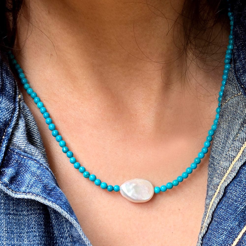 Turquoise Bead Necklace with Large Square Pearl