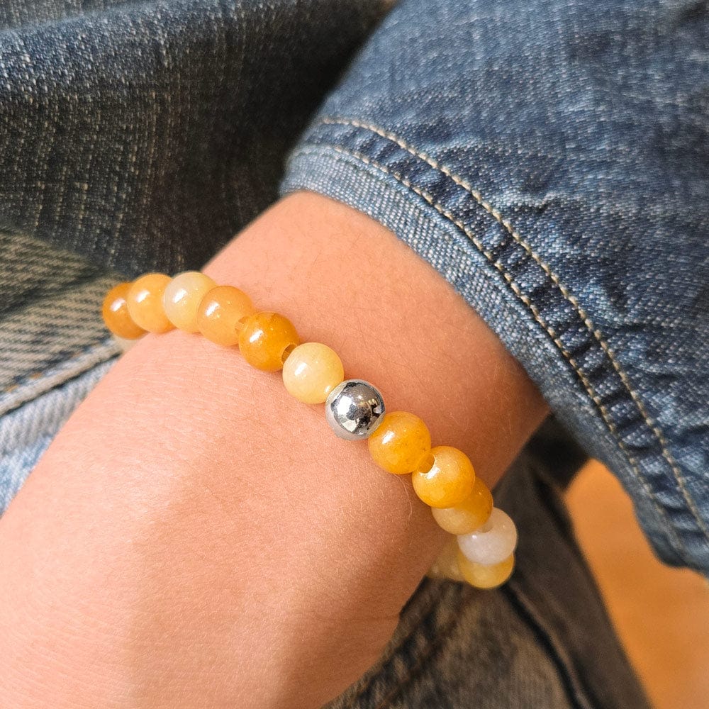 Yellow Jade Beaded Stretch Bracelet w Sterling Silver Bead