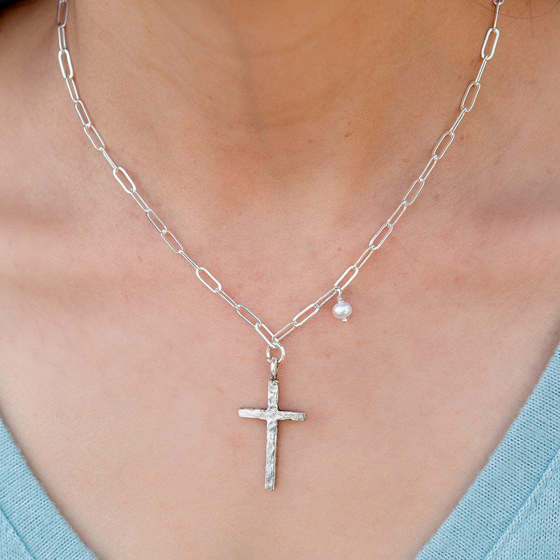 Adina Silver Chain Necklace featuring a Hammered Cross and Tiny Pearl