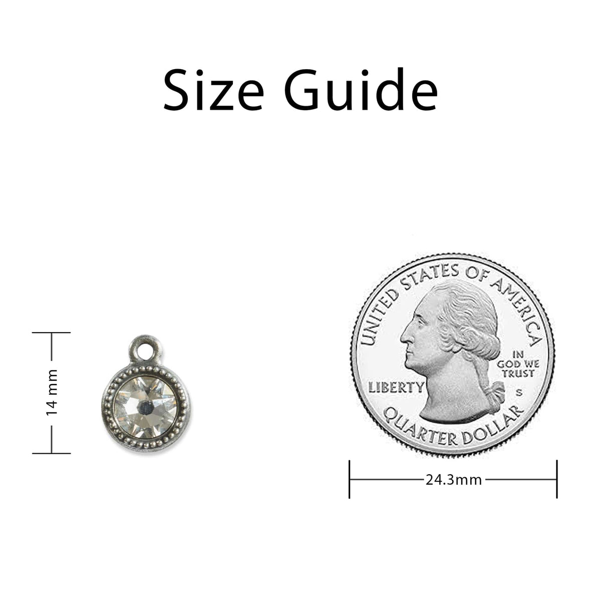 April Birthstone Clear Swarovski Crystal Charm Sizing Guide