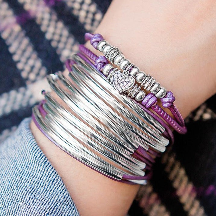 Charlotte Sterling Silver Heart Charm with Lizzy Classic Silverplate Stack in Purple and Denim