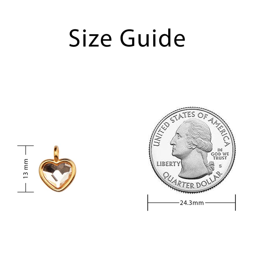 Clear crystal gold heart charm measurement guide