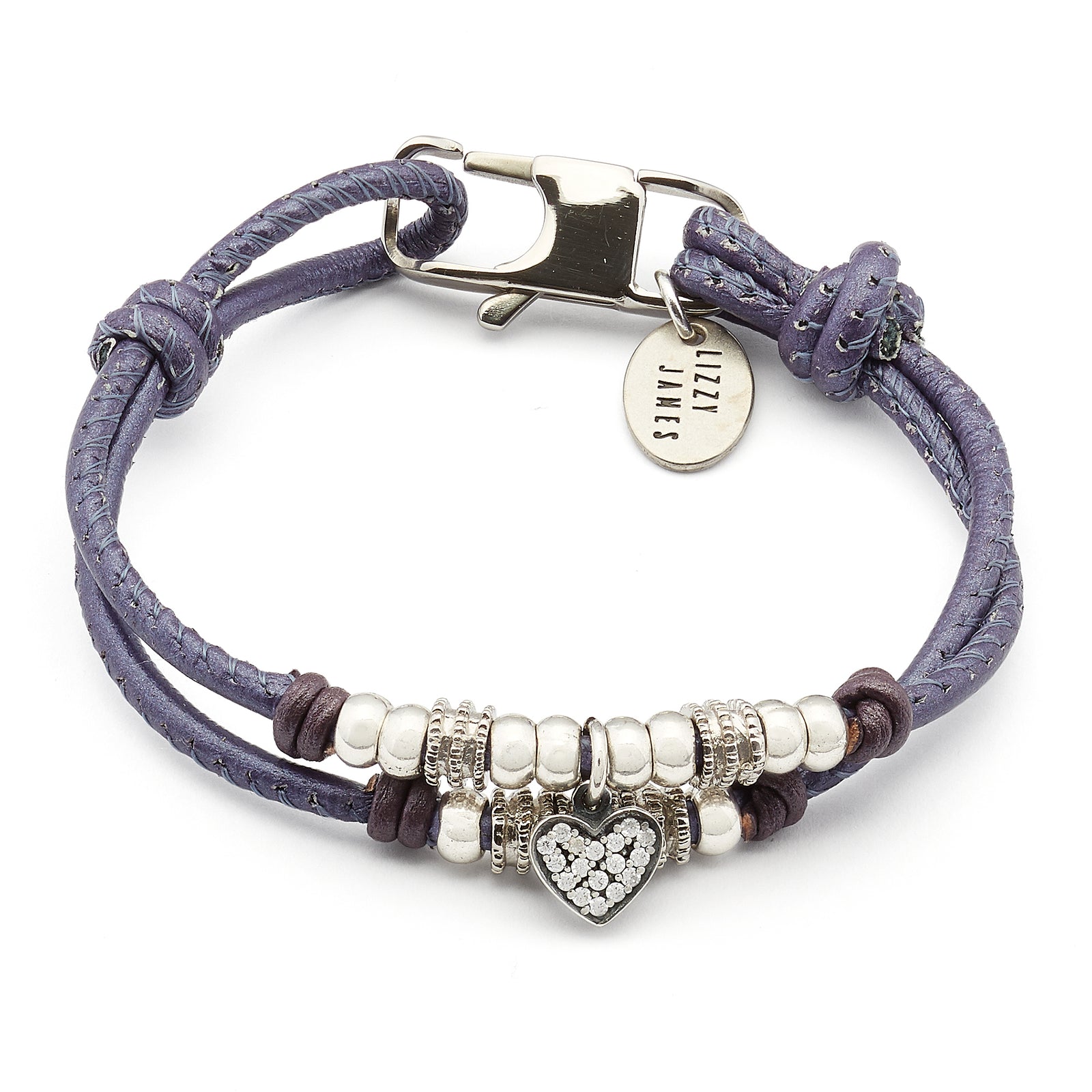 Charlotte Purple Leather Bracelet with Sterling Silver Heart Charm Bracelet