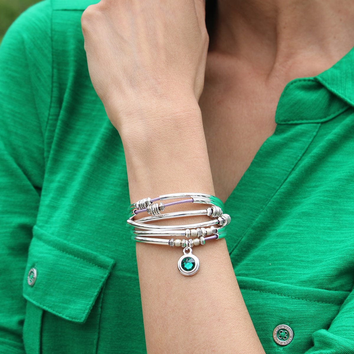 Double Love Gloss Lilac Bracelet with May Birthstone Emerald Green Crystal Charm